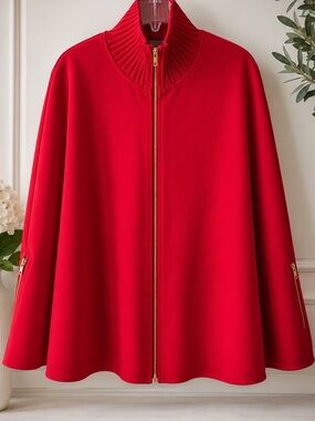 Crown & Ivy Red Cape Poncho Jacket One Size Zip Front Statement Piece